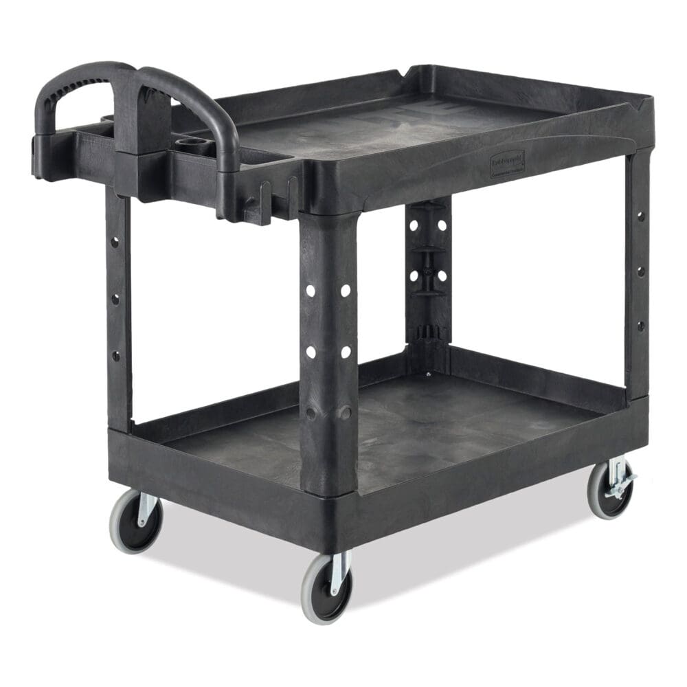Heavy-Duty Utility Cart with Lipped Shelves, Plastic, 2 Shelves, 500 lb Capacity, 25.9" x 45.2" x 32.2", Black - Image 2