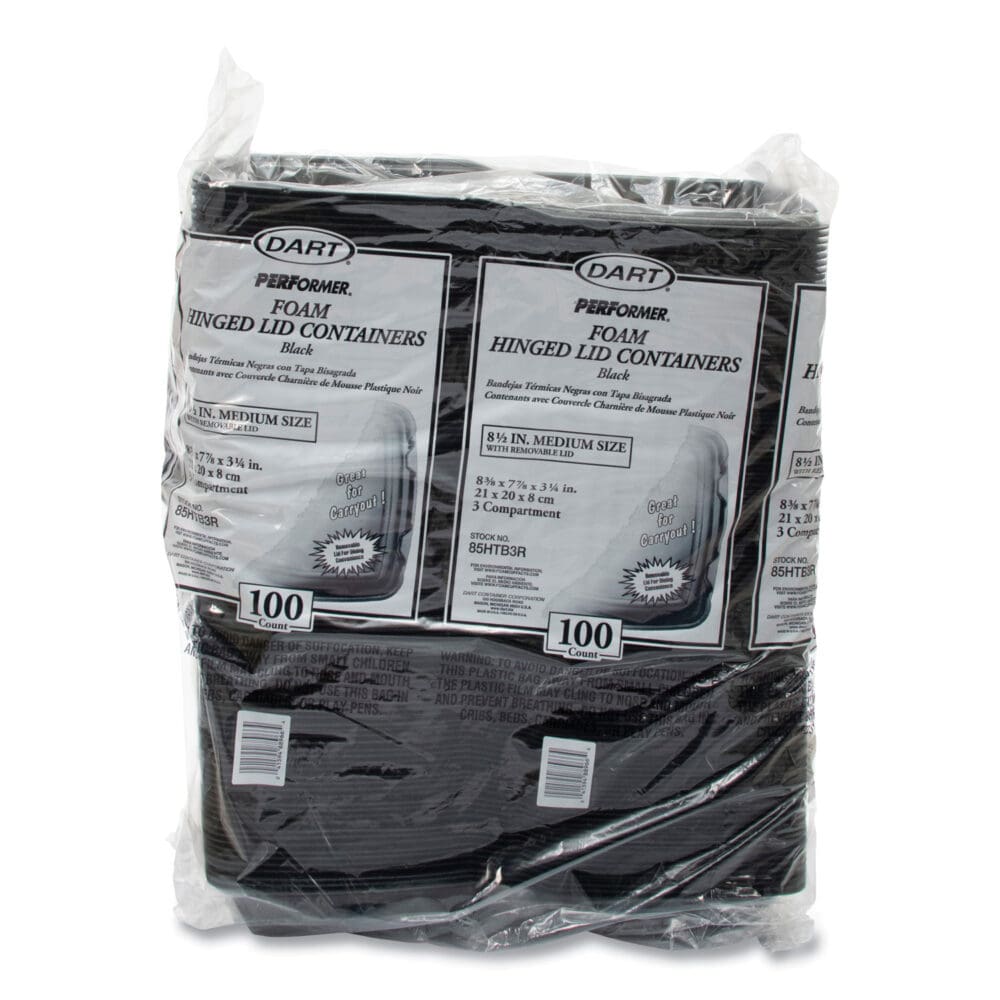 Insulated Foam Hinged Lid Containers, 3 Compartments, 7.96 x 3.2 x  8.36, Black, Foam, 200/Carton - Image 4