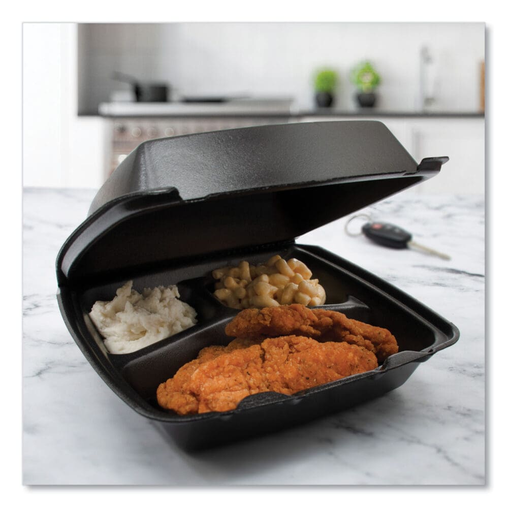 Insulated Foam Hinged Lid Containers, 3 Compartments, 7.96 x 3.2 x  8.36, Black, Foam, 200/Carton - Image 2