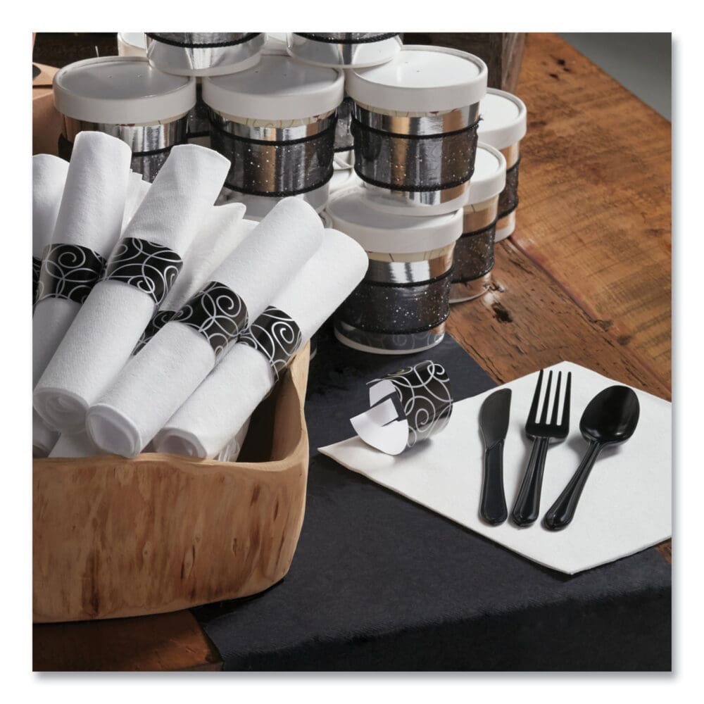 CaterWrap Heavyweight Cutlery Combo, Fork/Spoon/Knife/Napkin, Black, 100/Carton - Image 3