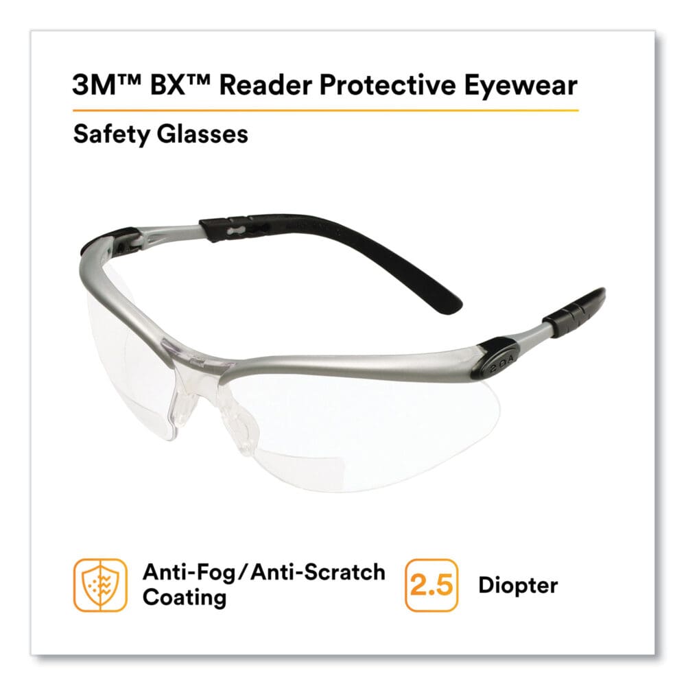 BX Molded-In Diopter Safety Glasses, 2.5+ Diopter Strength, Silver/Black Frame, Clear Lens - Image 4