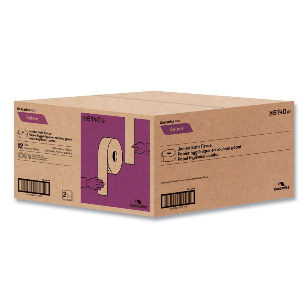Select Jumbo Bath Tissue, Septic Safe, 2-Ply, White, 3.3" x 1,000 ft, 12 Rolls/Carton - Image 4