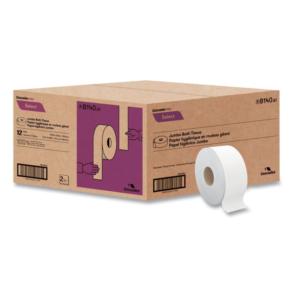 Select Jumbo Bath Tissue, Septic Safe, 2-Ply, White, 3.3" x 1,000 ft, 12 Rolls/Carton - Image 2