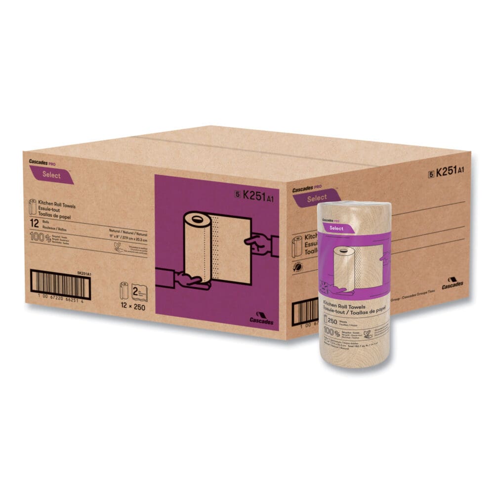 Select Kitchen Roll Towels, 2-Ply, 11" x 166.6 ft, Natural, 250/Roll, 12/Carton - Image 2