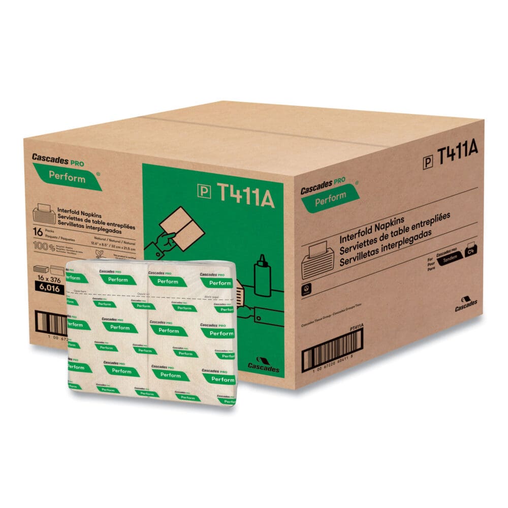 Perform Interfold Napkins, 1-Ply, 6.5 x 4.25, Natural, 376/Pack, 16 Packs/Carton - Image 2