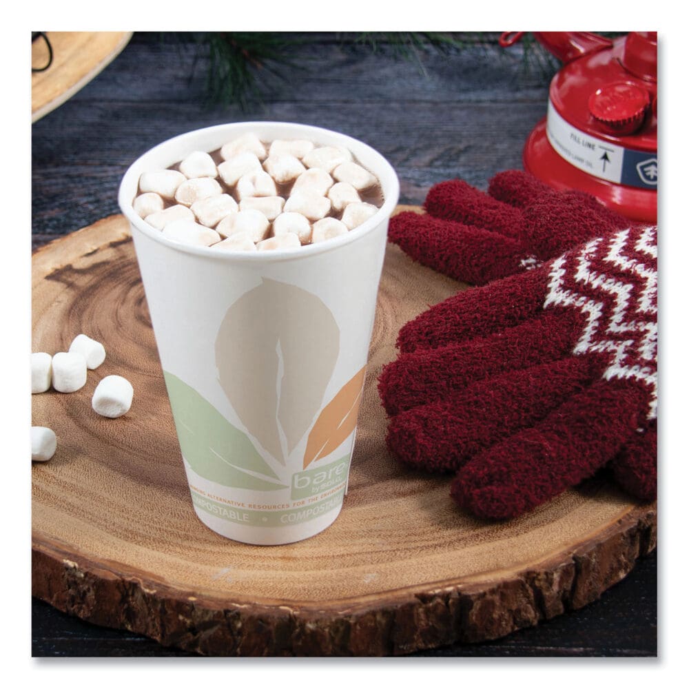 Bare Eco-Forward PLA Paper Hot Cups, 16 oz, Leaf Design, White/Green/Orange, 1,000/Carton - Image 4