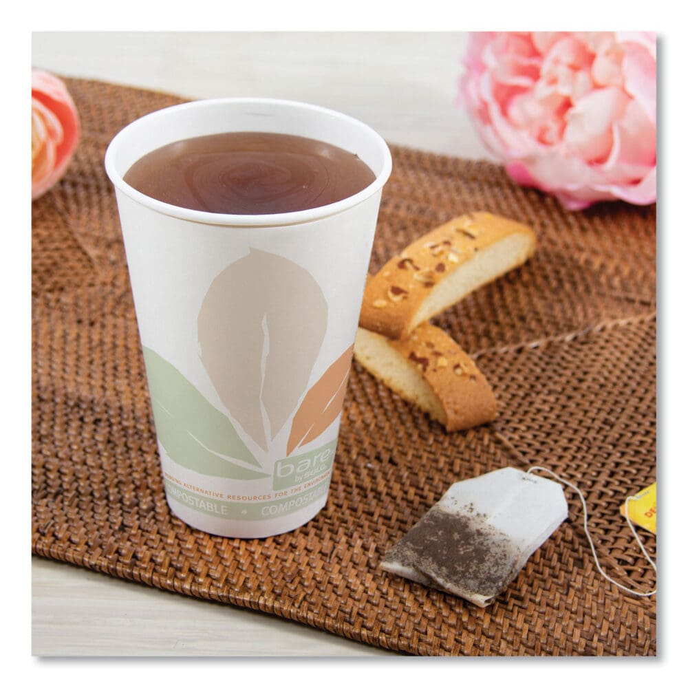 Bare Eco-Forward PLA Paper Hot Cups, 16 oz, Leaf Design, White/Green/Orange, 1,000/Carton - Image 5