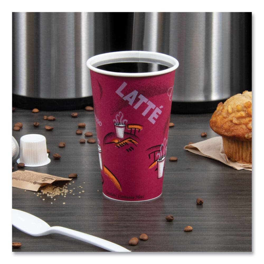 Paper Hot Drink Cups in Bistro Design, 16 oz, Maroon, 50/Pack - Image 4