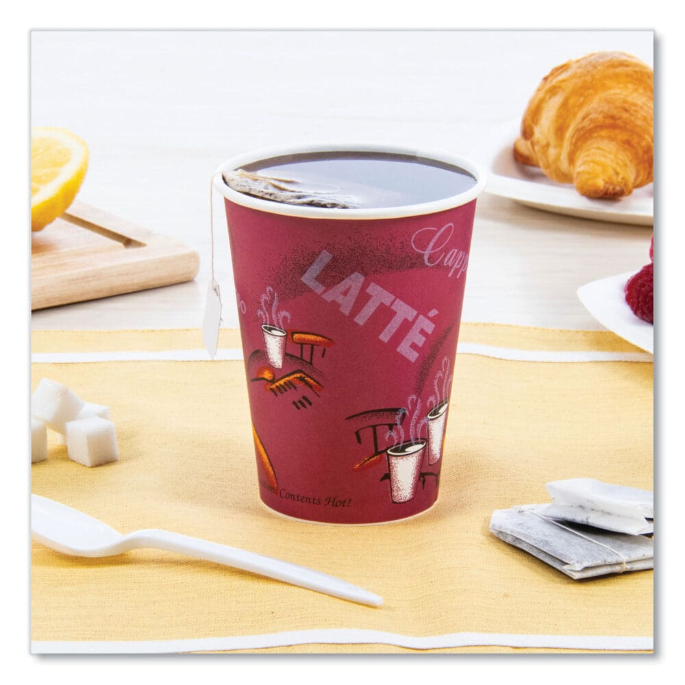 Paper Hot Drink Cups in Bistro Design, 12 oz, Maroon, 50/Pack - Image 3