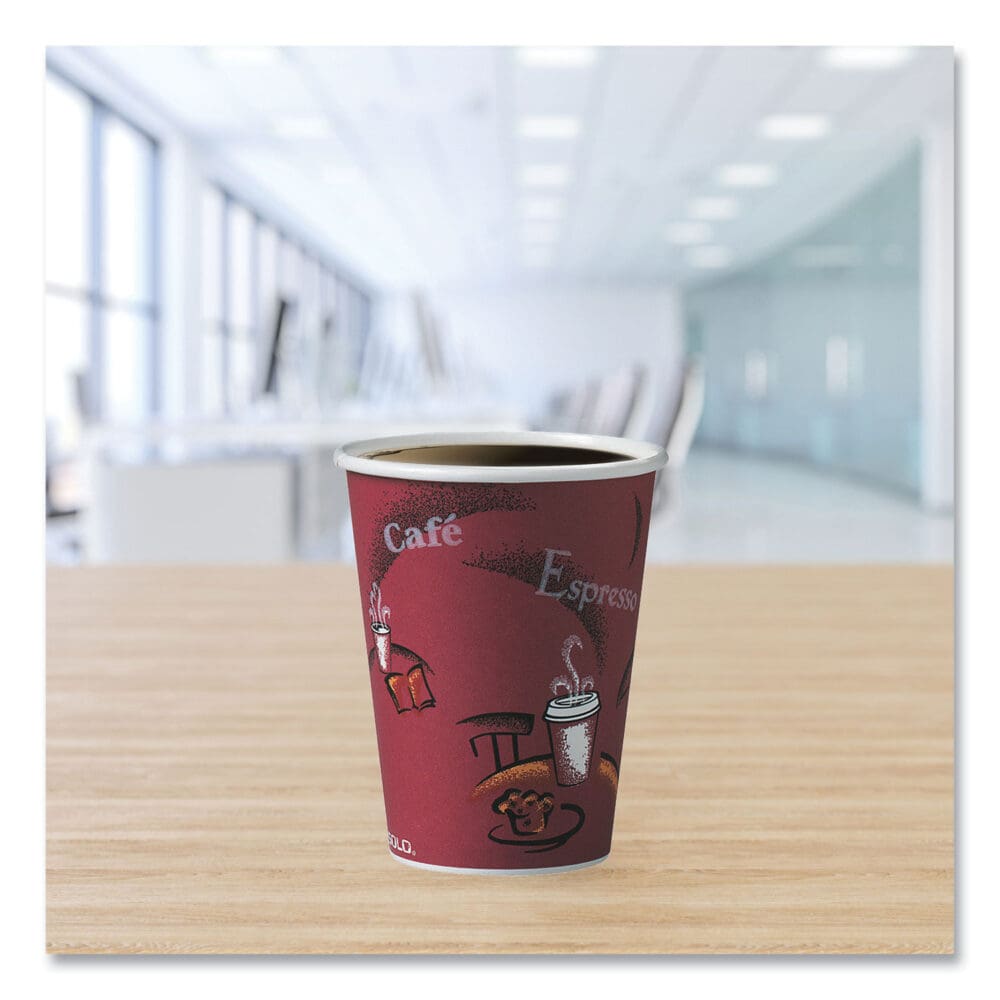 Paper Hot Drink Cups in Bistro Design, 12 oz, Maroon, 50/Pack - Image 6