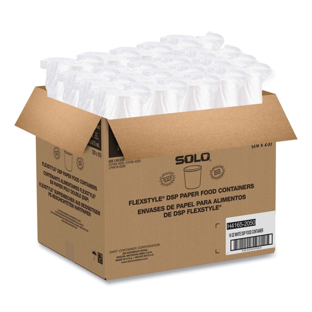 Flexstyle Double Poly Paper Containers, 16 oz, White, Paper, 25/Pack, 20 Packs/Carton - Image 6
