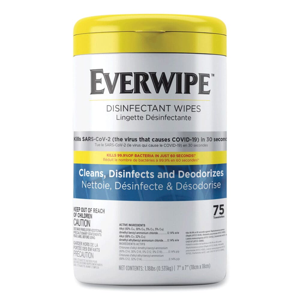 Disinfectant Wipes, 1-Ply, 7 x 7, Lemon, White, 75/Canister, 6 Canisters/Carton - Image 2