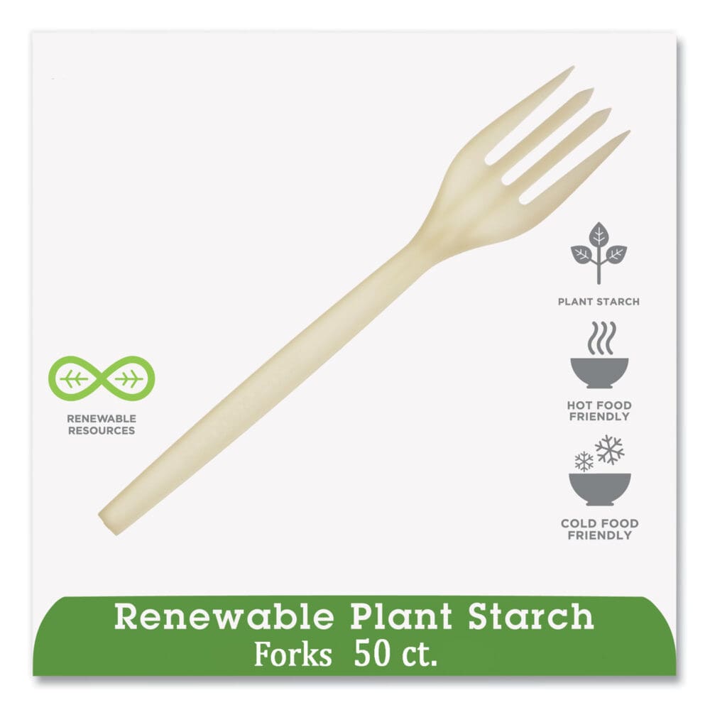 EcoSense Renewable Plant Starch Cutlery, Fork, 7", 50/Pack - Image 2