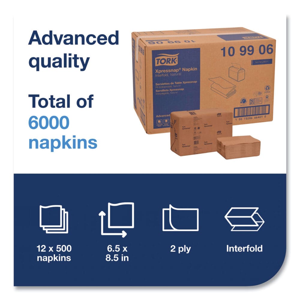 Xpressnap Interfold Dispenser Napkins, 2-Ply, 6.5 x 8.5, Natural, 500/Pack, 12 Packs/Carton - Image 3