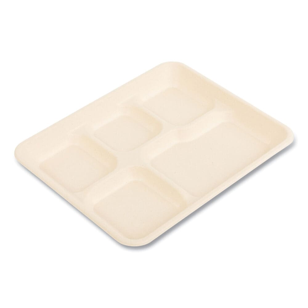 Bagasse PFAS-Free Food Tray, 5-Compartment, 8.26 x 0.98 x 10.9, Tan, Bamboo/Sugarcane, 500/Carton - Image 2