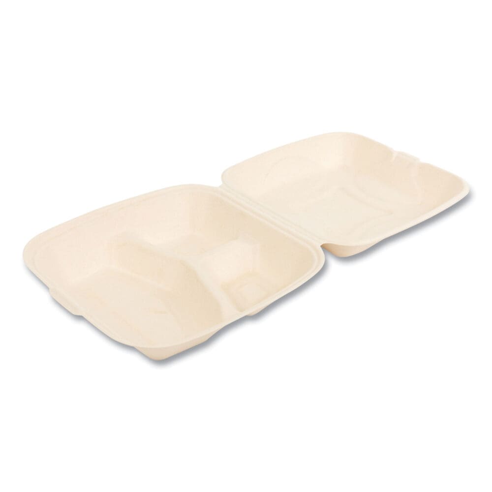 Bagasse PFAS-Free Food Containers, 3-Compartment, 9 x 3.19 x 9, Tan, Bamboo/Sugarcane, 200/Carton - Image 4