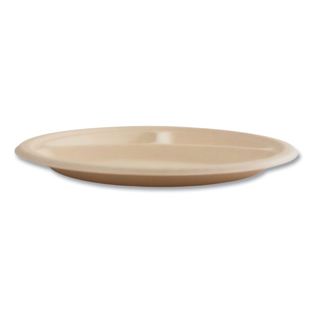 Bagasse PFAS-Free Dinnerware, Plate, 10" dia, 3-Compartment, Tan, 500/Carton - Image 7
