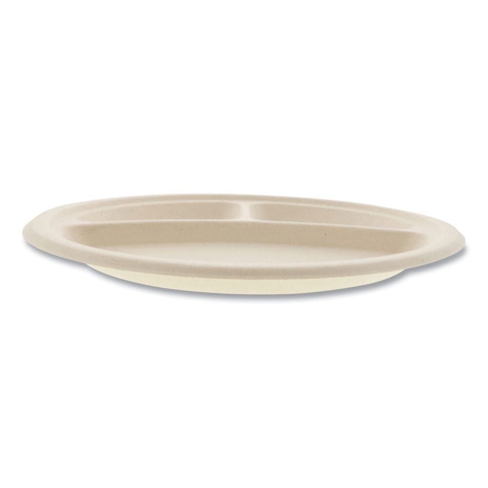 Bagasse PFAS-Free Dinnerware, Plate, 10" dia, 3-Compartment, Tan, 500/Carton - Image 2