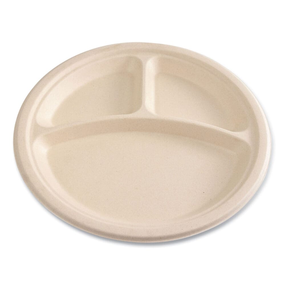Bagasse PFAS-Free Dinnerware, Plate, 10" dia, 3-Compartment, Tan, 500/Carton - Image 3