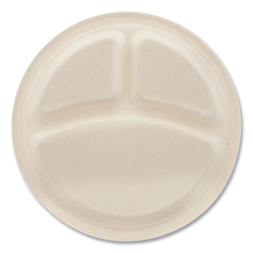 Bagasse PFAS-Free Dinnerware, Plate, 10" dia, 3-Compartment, Tan, 500/Carton - Image 4