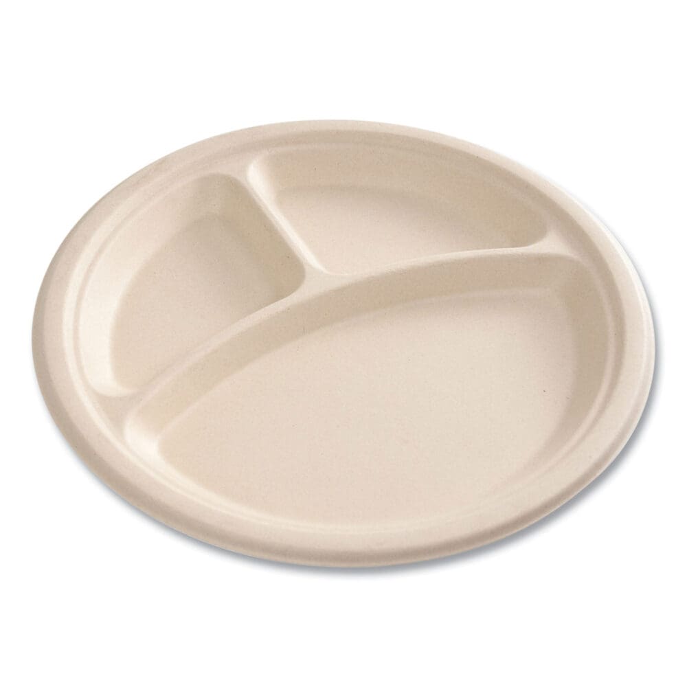 Bagasse PFAS-Free Dinnerware, Plate, 10" dia, 3-Compartment, Tan, 500/Carton - Image 5