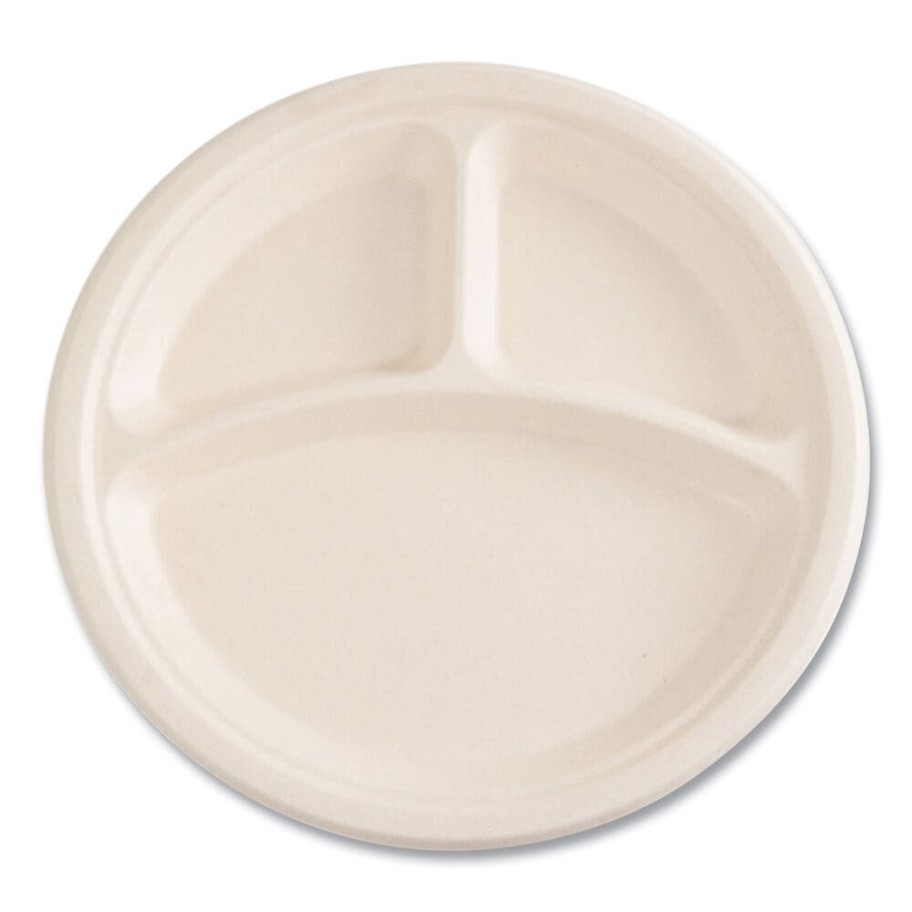 Bagasse PFAS-Free Dinnerware, Plate, 10" dia, 3-Compartment, Tan, 500/Carton - Image 6