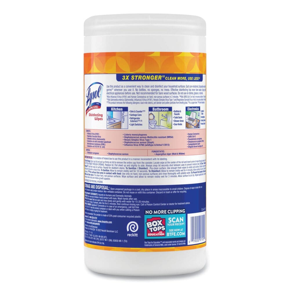 Disinfecting Wipes, 1-Ply, 7 x 7.25, Mango and Hibiscus, White, 80 Wipes/Canister, 6 Canisters/Carton - Image 3