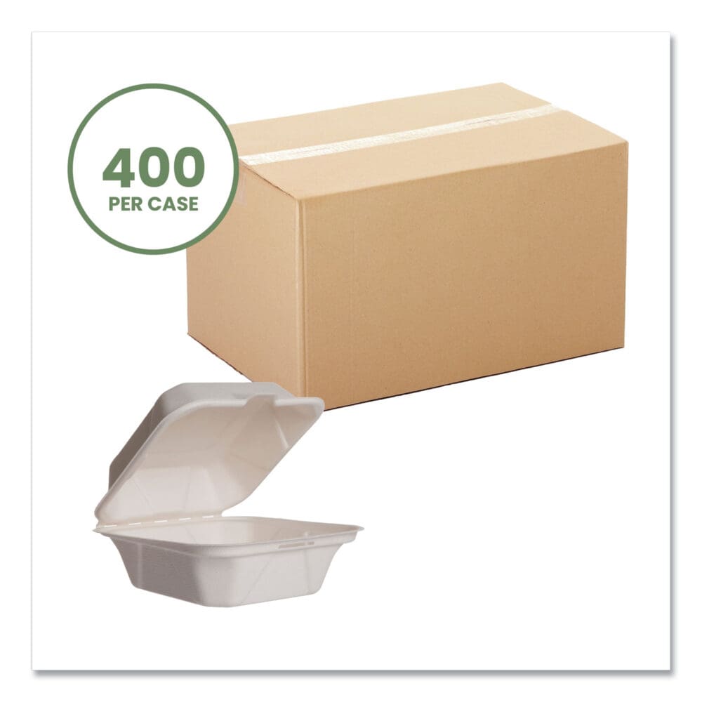 White Molded Fiber Clamshell Containers, 5.9 x 5.9 x 2.9, White, Sugarcane, 400/Carton - Image 4