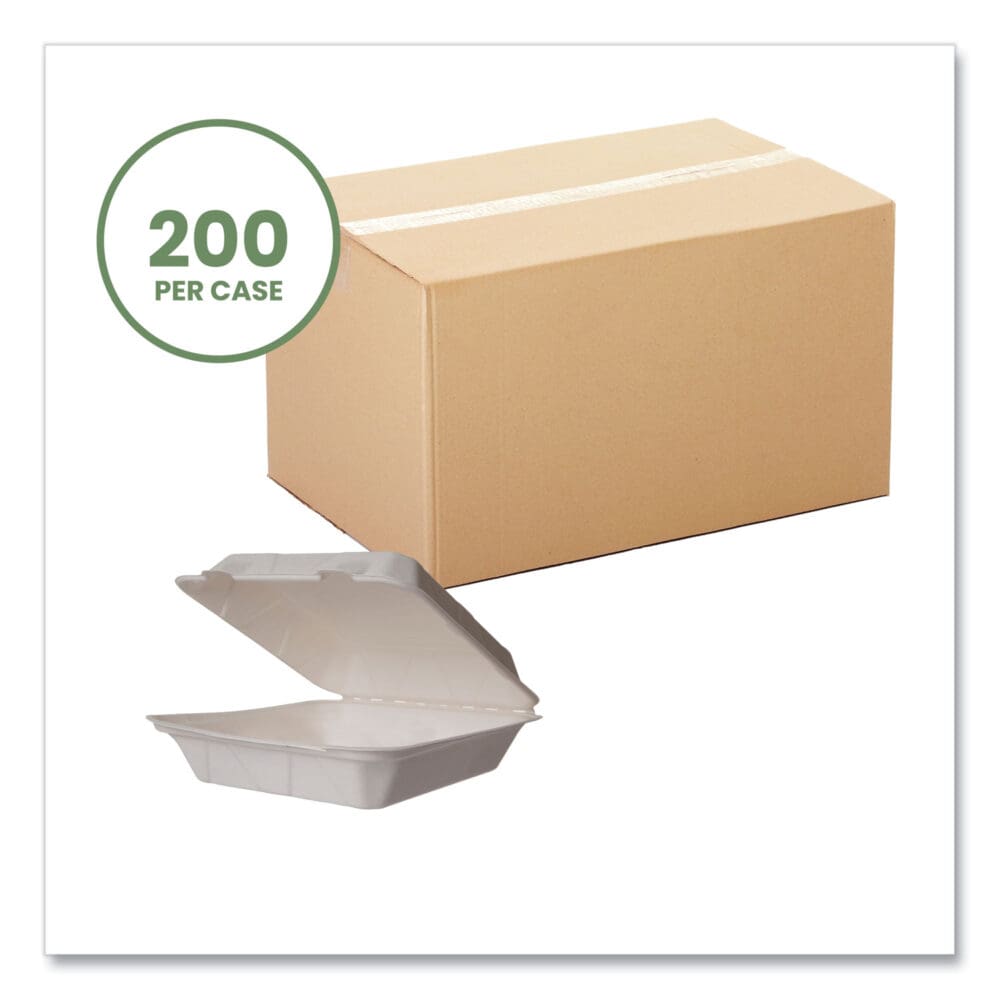 White Molded Fiber Clamshell Containers, 9 x 18 x 2, White, Sugarcane, 200/Carton - Image 5