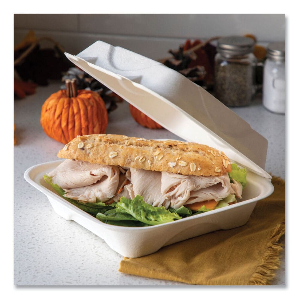 Vanguard Renewable and Compostable Sugarcane Clamshells, 1-Compartment, 9 x 9 x 3, White, 200/Carton - Image 8