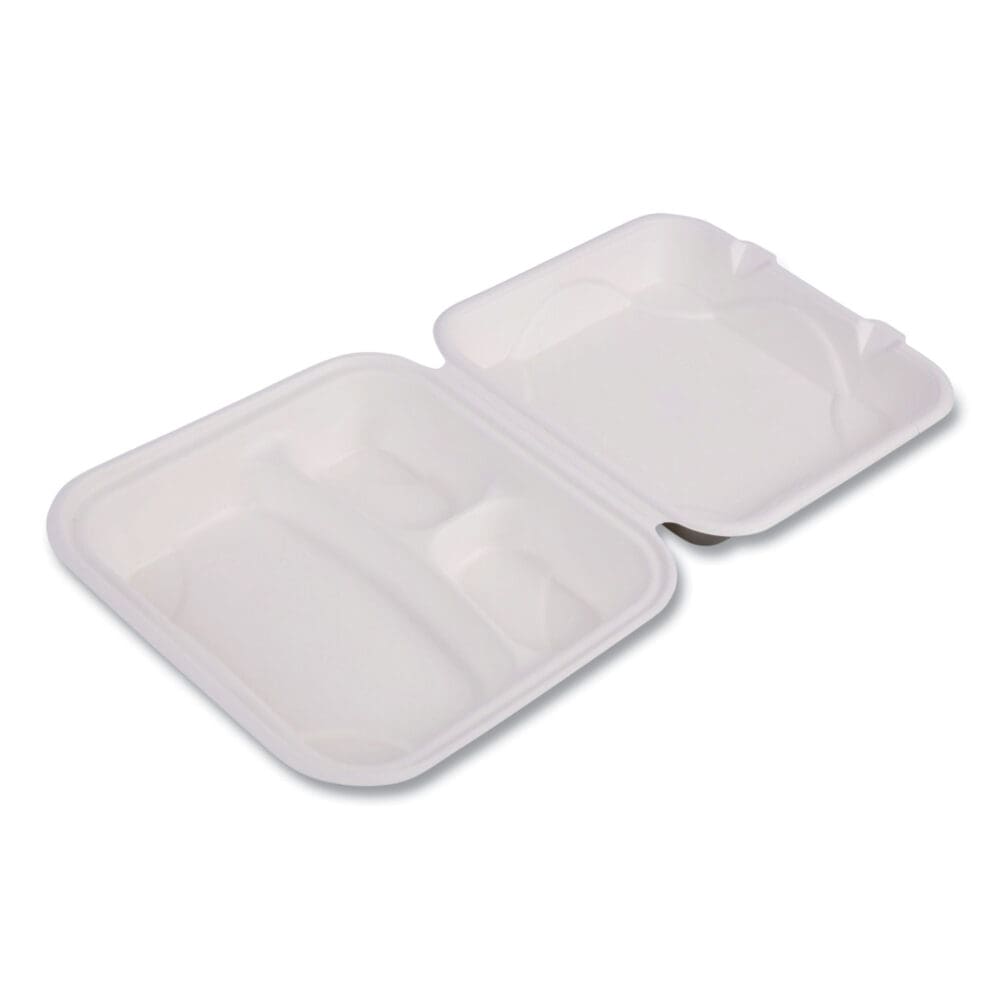 Bagasse Hinged Clamshell Containers, 3-Compartment, 9 x 9 x 3, White, Sugarcane, 50/Pack, 4 Packs/Carton - Image 2