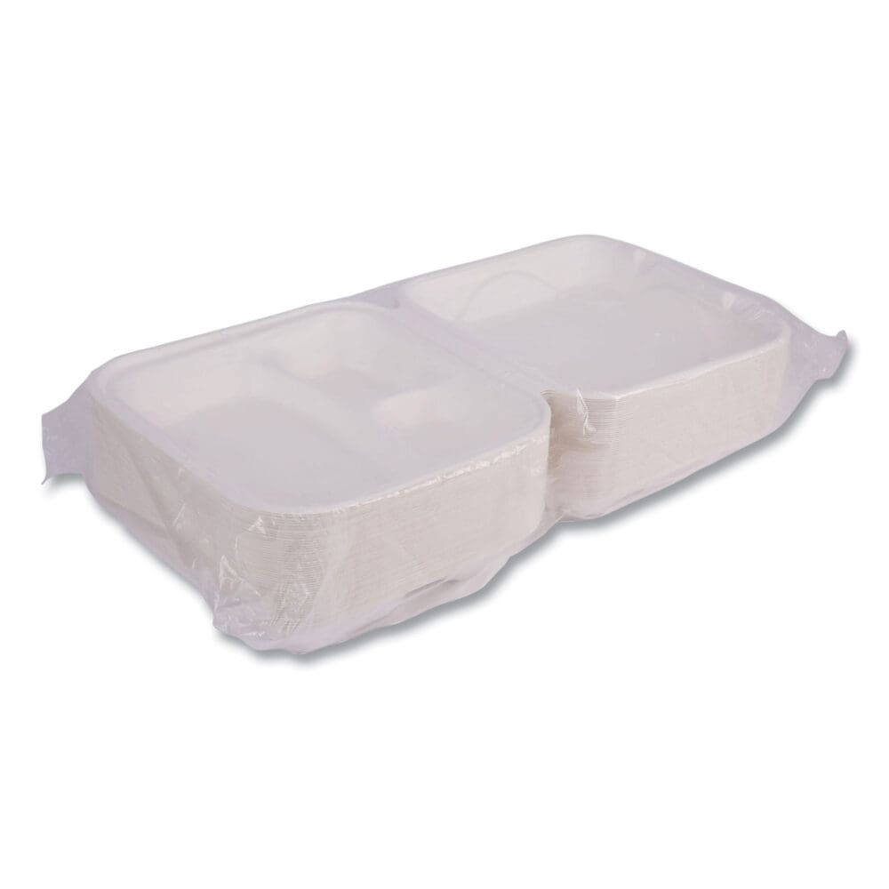 Bagasse Hinged Clamshell Containers, 3-Compartment, 9 x 9 x 3, White, Sugarcane, 50/Pack, 4 Packs/Carton - Image 5