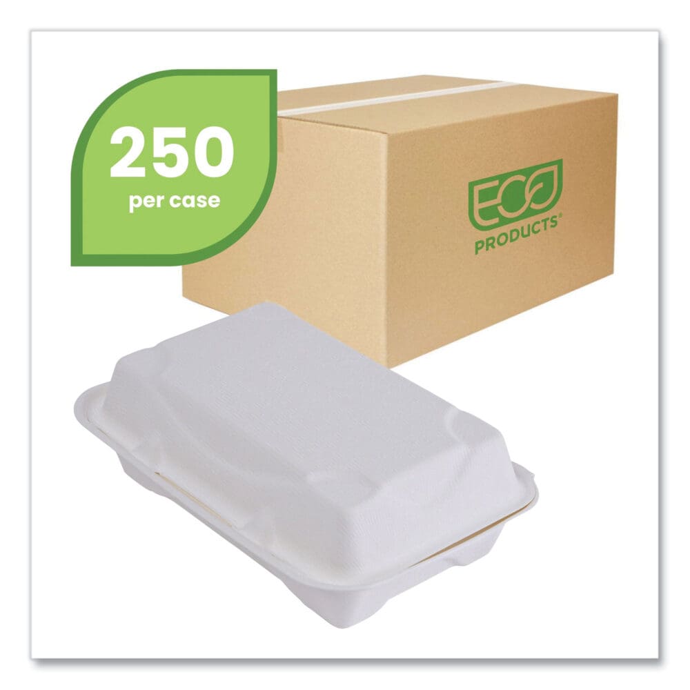 Vanguard Renewable and Compostable Sugarcane Clamshells, 1-Compartment, 9 x 6 x 3, White, 250/Carton - Image 2