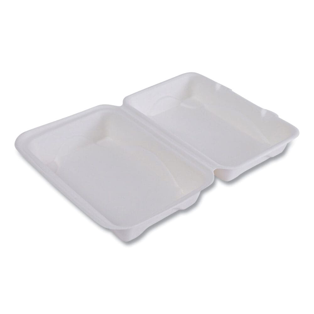 Vanguard Renewable and Compostable Sugarcane Clamshells, 1-Compartment, 9 x 6 x 3, White, 250/Carton - Image 3