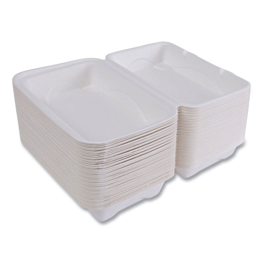 Vanguard Renewable and Compostable Sugarcane Clamshells, 1-Compartment, 9 x 6 x 3, White, 250/Carton - Image 5