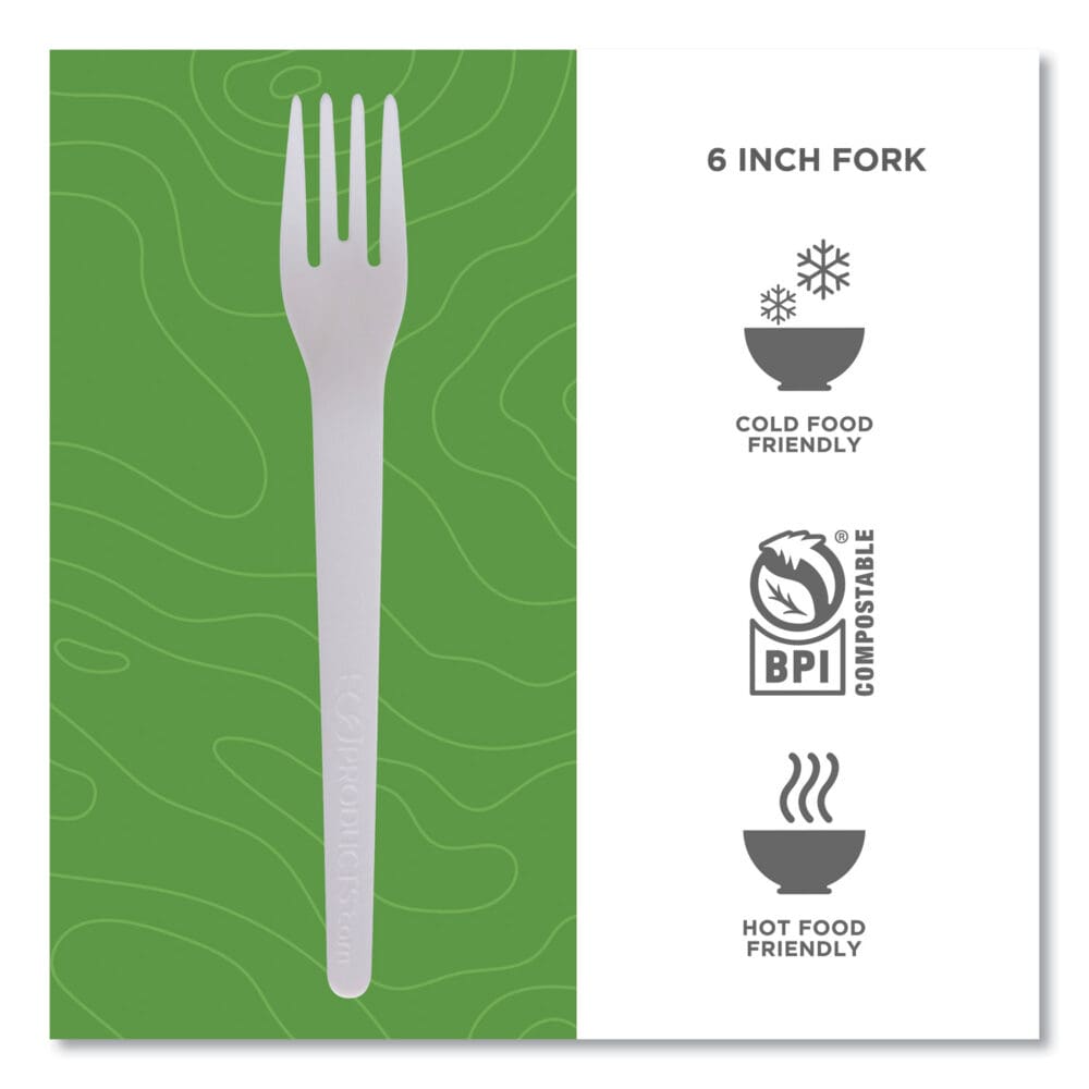 Plantware Compostable Cutlery, Fork, 6", White, 1,000/Carton - Image 2