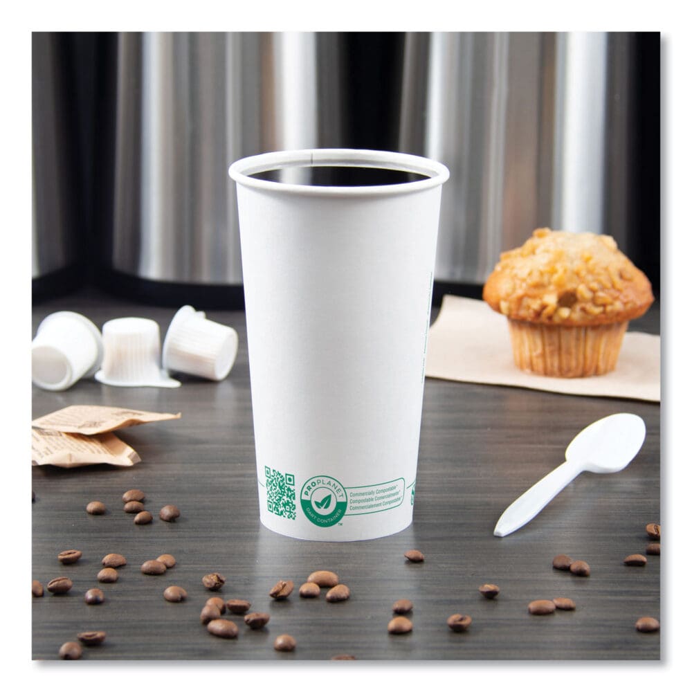 Compostable Paper Hot Cups, ProPlanet Seal, 20 oz, White/Green, 600/Carton - Image 6