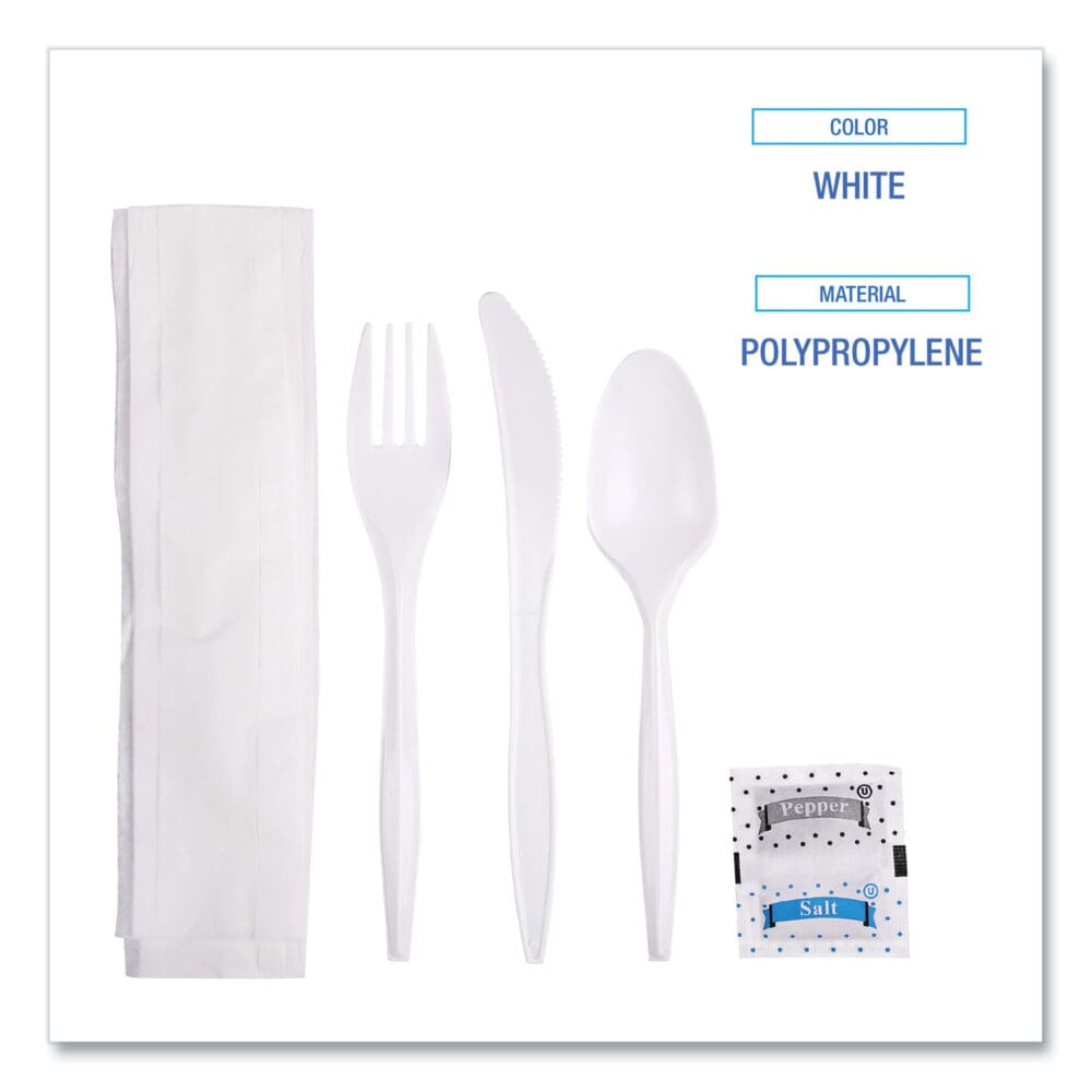 Cutlery Kit, Plastic Fork/Spoon/Knife/Salt/Polypropylene/Napkin, White, 250/Carton - Image 2