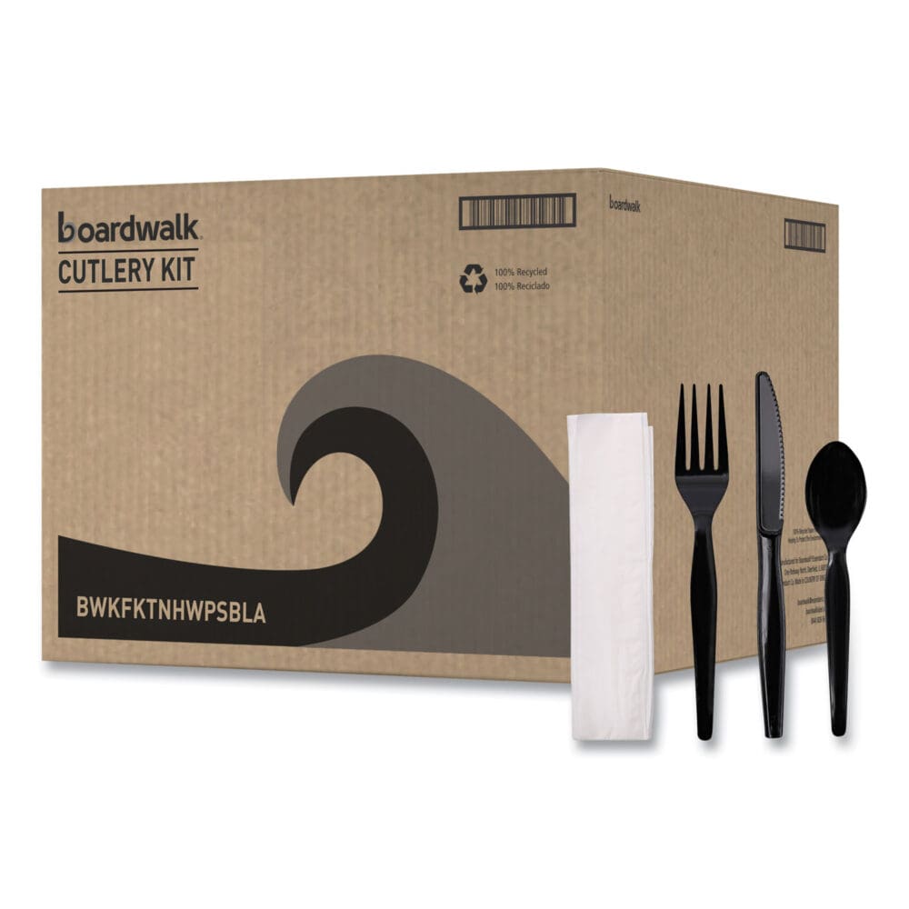 Four-Piece Cutlery Kit, Fork/Knife/Napkin/Teaspoon, Heavyweight, Black, 250/Carton - Image 7
