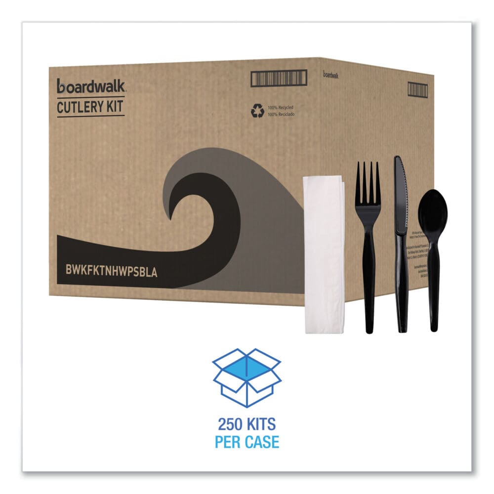 Four-Piece Cutlery Kit, Fork/Knife/Napkin/Teaspoon, Heavyweight, Black, 250/Carton - Image 3