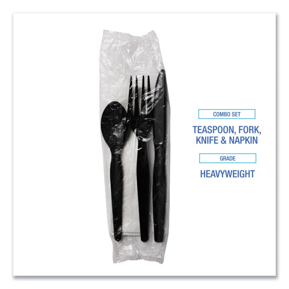 Four-Piece Cutlery Kit, Fork/Knife/Napkin/Teaspoon, Heavyweight, Black, 250/Carton - Image 5