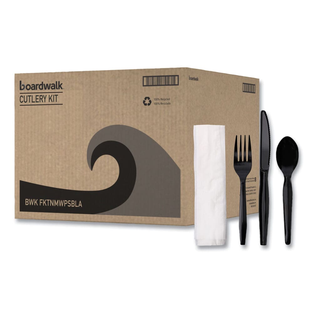 Four-Piece Cutlery Kit, Fork/Knife/Napkin/Teaspoon, Black, 250/Carton - Image 7