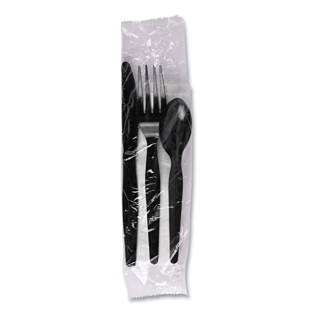 Four-Piece Cutlery Kit, Fork/Knife/Napkin/Teaspoon, Black, 250/Carton - Image 2