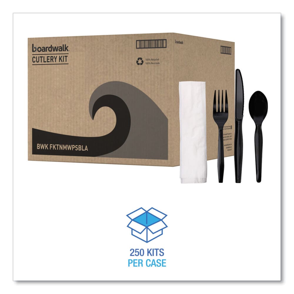 Four-Piece Cutlery Kit, Fork/Knife/Napkin/Teaspoon, Black, 250/Carton - Image 3