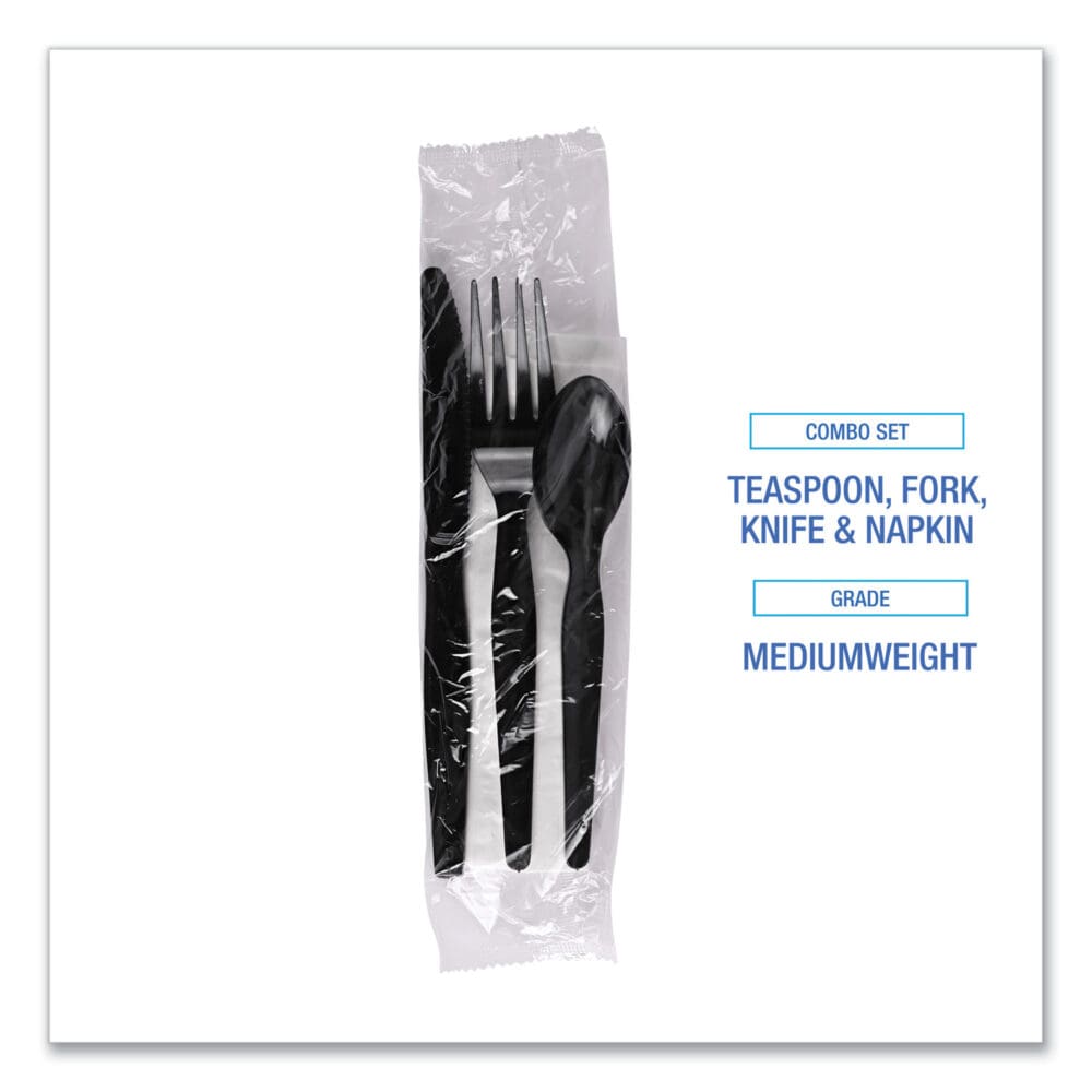 Four-Piece Cutlery Kit, Fork/Knife/Napkin/Teaspoon, Black, 250/Carton - Image 5