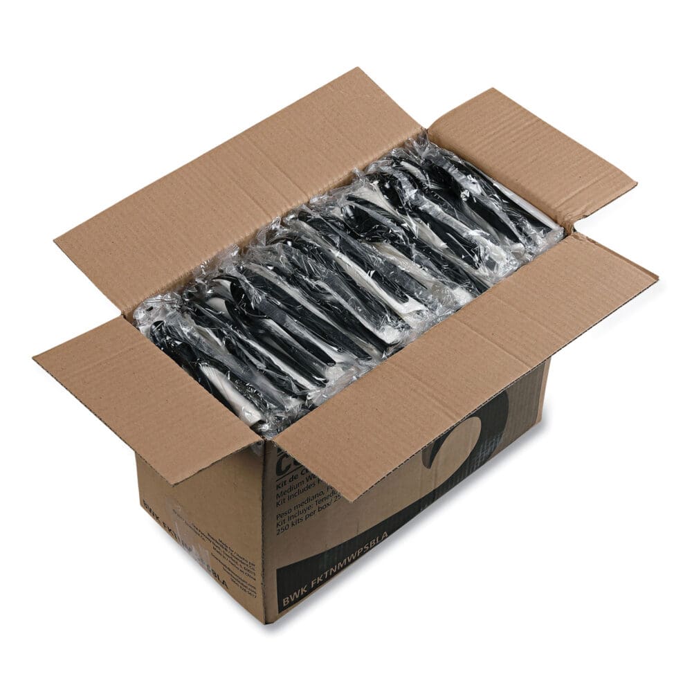 Four-Piece Cutlery Kit, Fork/Knife/Napkin/Teaspoon, Black, 250/Carton - Image 6