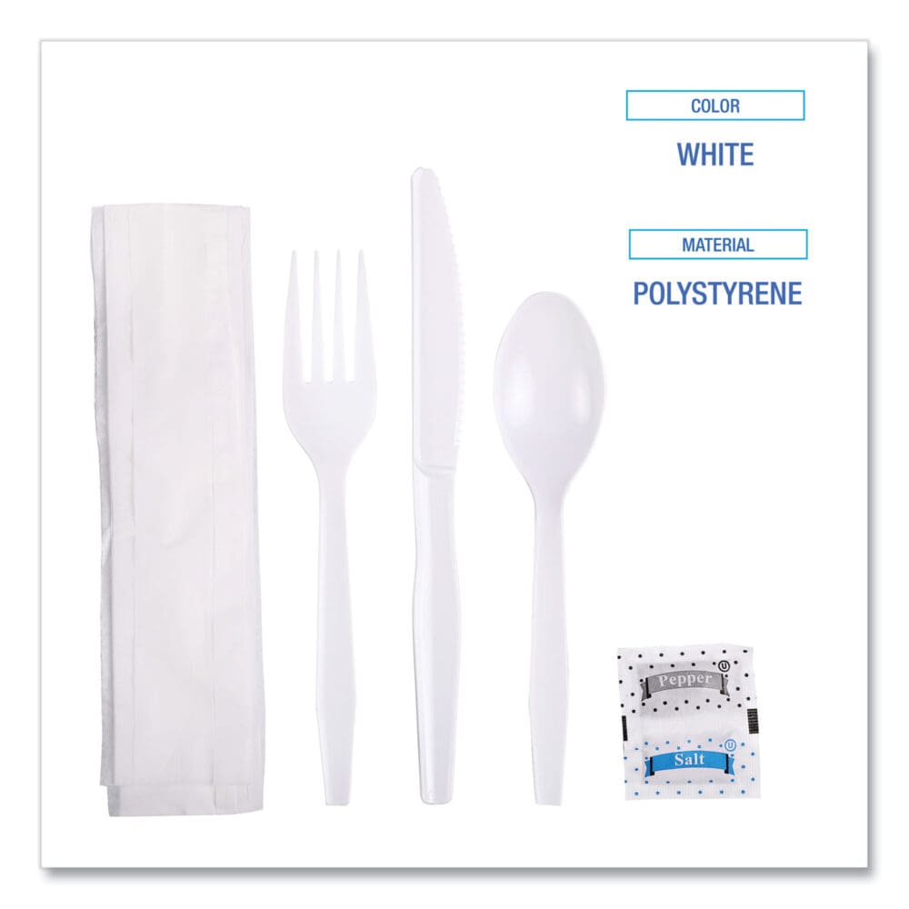 Six-Piece Cutlery Kit, Condiment/Fork/Knife/Napkin/Teaspoon, White, 250/Carton - Image 4