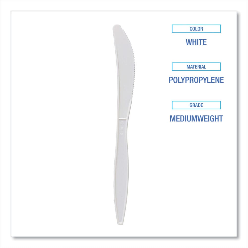 Mediumweight Polypropylene Cutlery, Knife, White, 1000/Carton - Image 2
