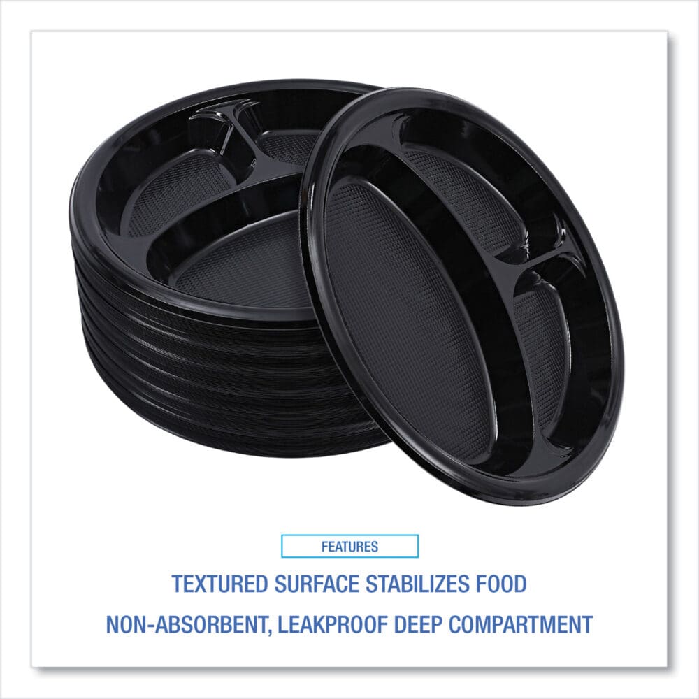 Hi-Impact Plastic Dinnerware, Plate, 3-Compartment, 10" dia, Black, 125/Sleeve, 4 Sleeves/Carton - Image 5