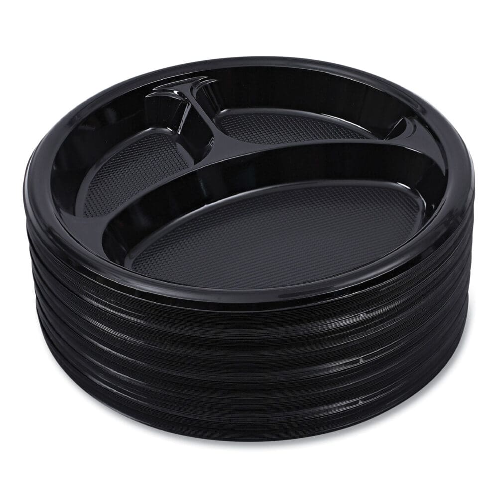Hi-Impact Plastic Dinnerware, Plate, 3-Compartment, 10" dia, Black, 125/Sleeve, 4 Sleeves/Carton - Image 6